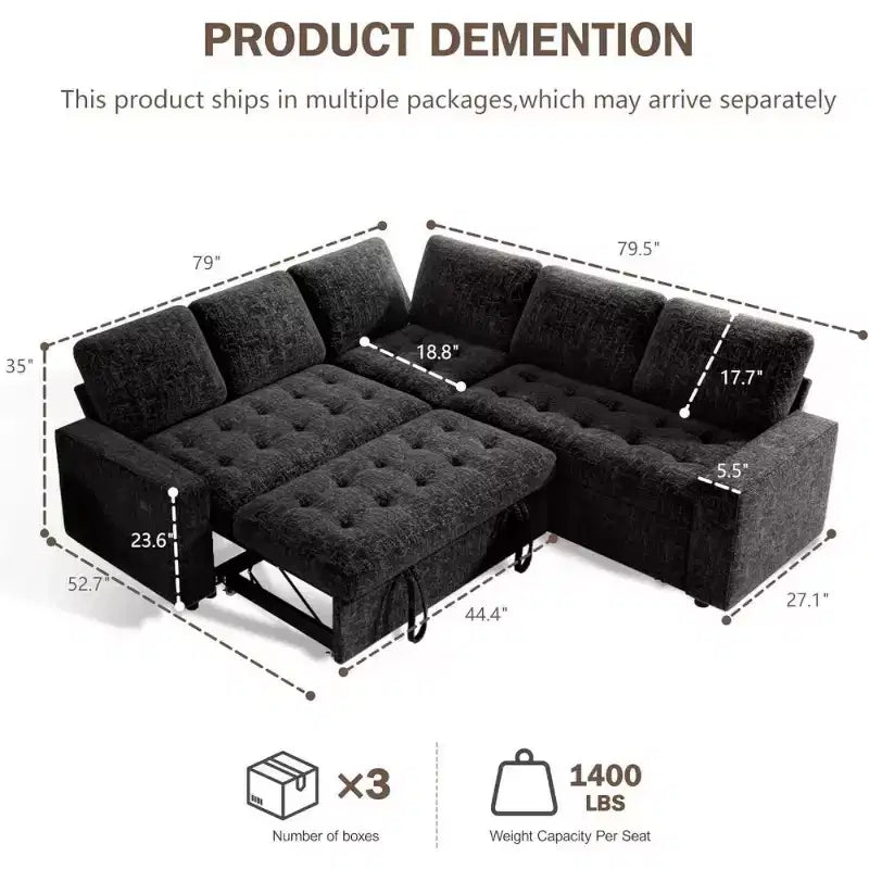 Canapé sectionnel convertible modulaire en L 5 places Dyonery en chenille avec port USB et méridienne de rangement