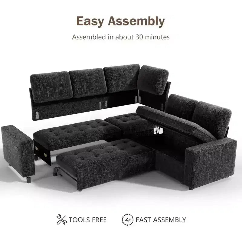 Canapé sectionnel convertible modulaire en L 5 places Dyonery en chenille avec port USB et méridienne de rangement
