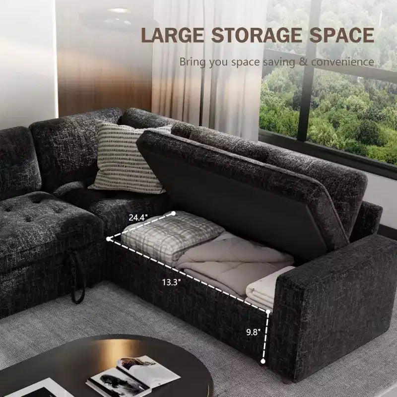 Canapé sectionnel convertible modulaire en L 5 places Dyonery en chenille avec port USB et méridienne de rangement