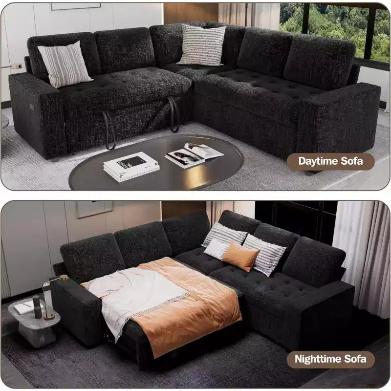 Canapé sectionnel convertible modulaire en L 5 places Dyonery en chenille avec port USB et méridienne de rangement