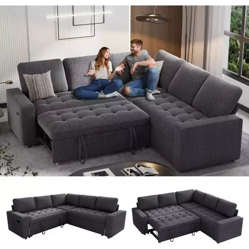 Canapé sectionnel convertible modulaire en L 5 places Dyonery en chenille avec port USB et méridienne de rangement