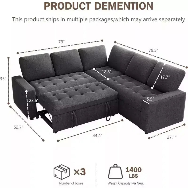 Canapé sectionnel convertible modulaire en L 5 places Dyonery en chenille avec port USB et méridienne de rangement