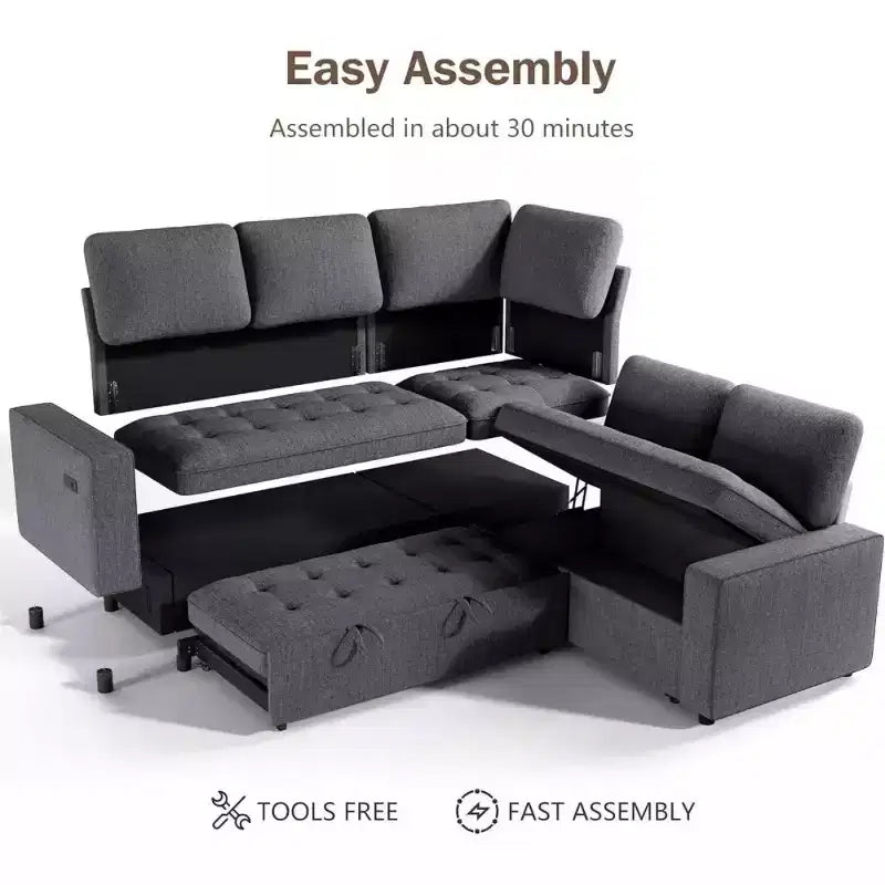 Canapé sectionnel convertible modulaire en L 5 places Dyonery en chenille avec port USB et méridienne de rangement