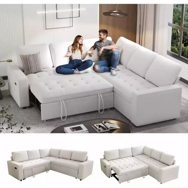 Canapé sectionnel convertible modulaire en L 5 places Dyonery en chenille avec port USB et méridienne de rangement