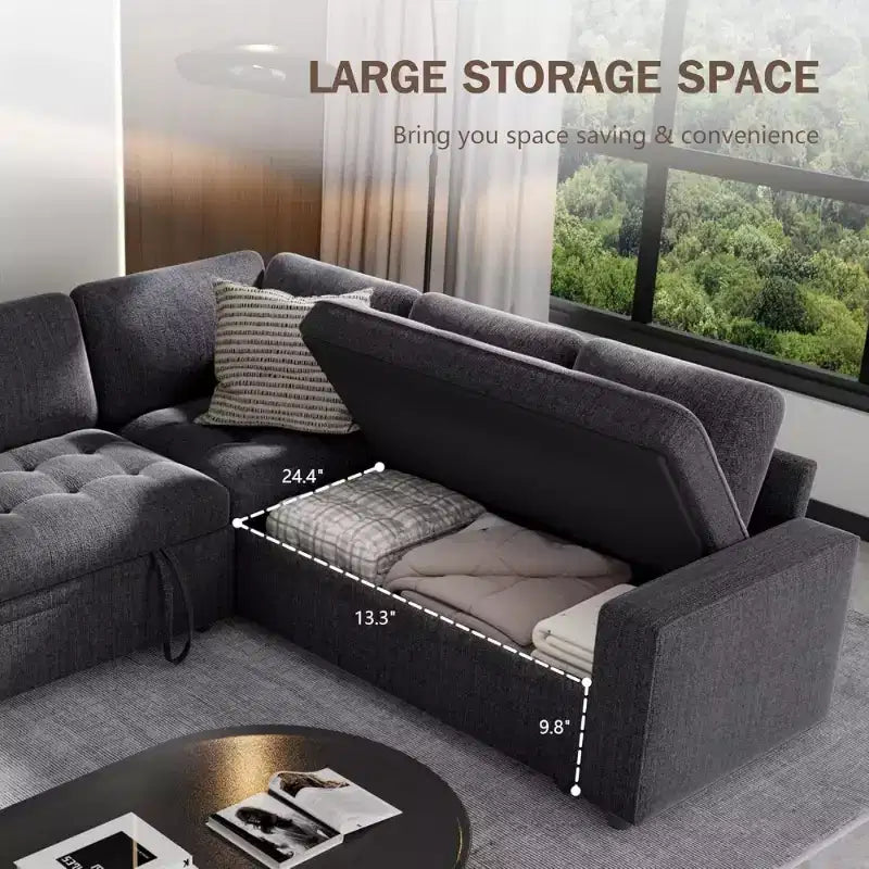 Canapé sectionnel convertible modulaire en L 5 places Dyonery en chenille avec port USB et méridienne de rangement