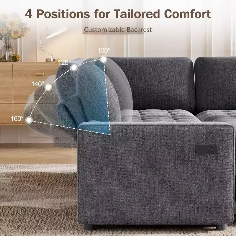 Canapé sectionnel convertible modulaire en L 5 places Dyonery en chenille avec port USB et méridienne de rangement