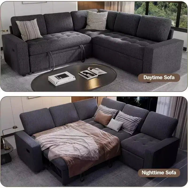 Canapé sectionnel convertible modulaire en L 5 places Dyonery en chenille avec port USB et méridienne de rangement
