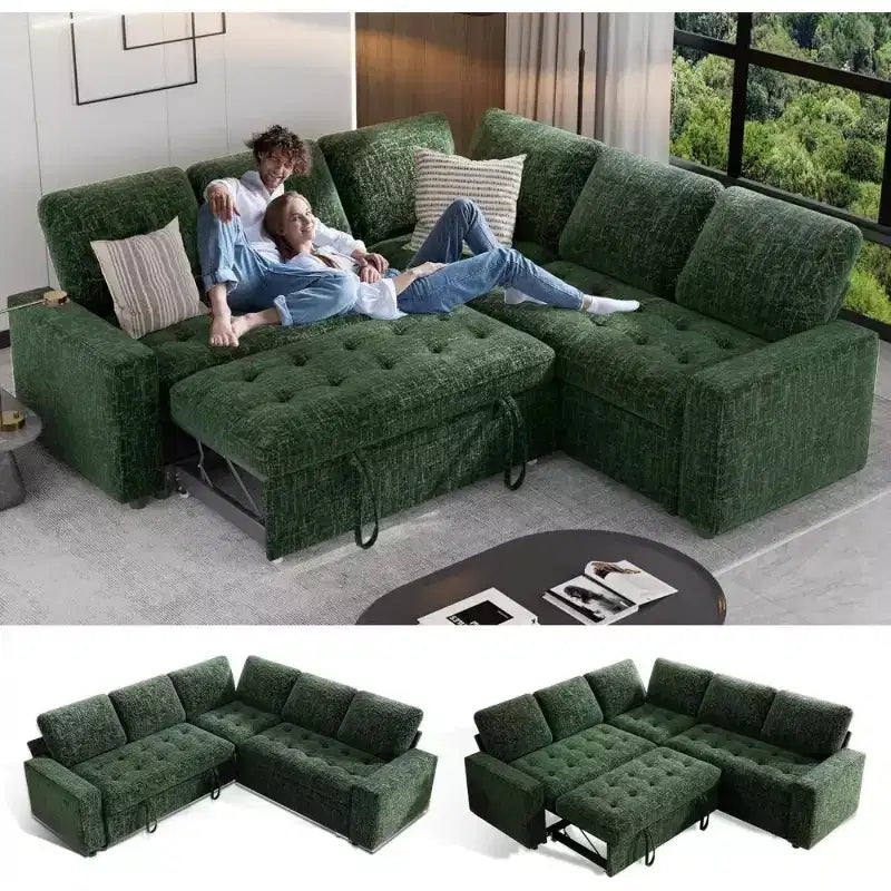 Canapé sectionnel convertible modulaire en L 5 places Dyonery en chenille avec port USB et méridienne de rangement