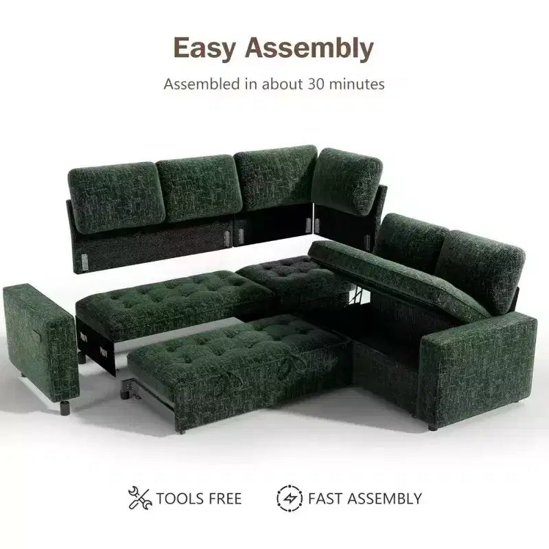 Canapé sectionnel convertible modulaire en L 5 places Dyonery en chenille avec port USB et méridienne de rangement