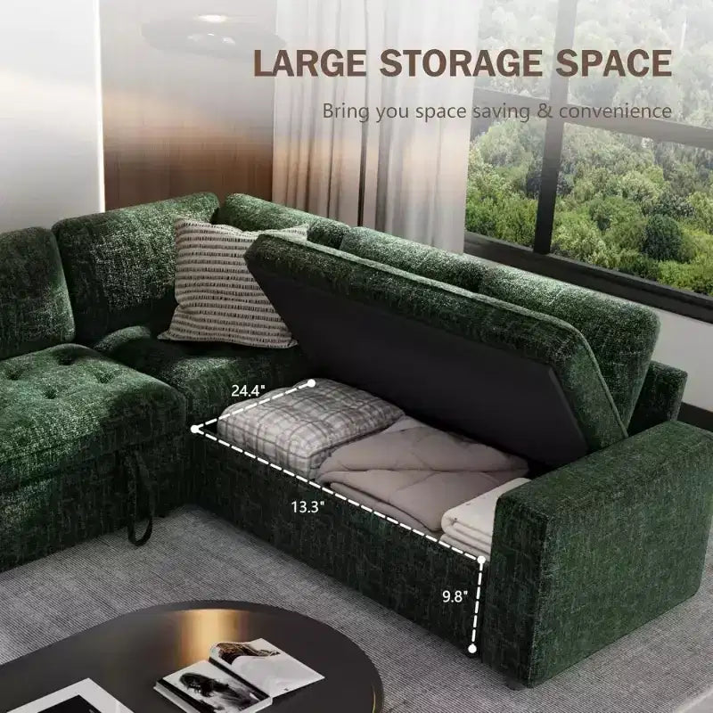 Canapé sectionnel convertible modulaire en L 5 places Dyonery en chenille avec port USB et méridienne de rangement
