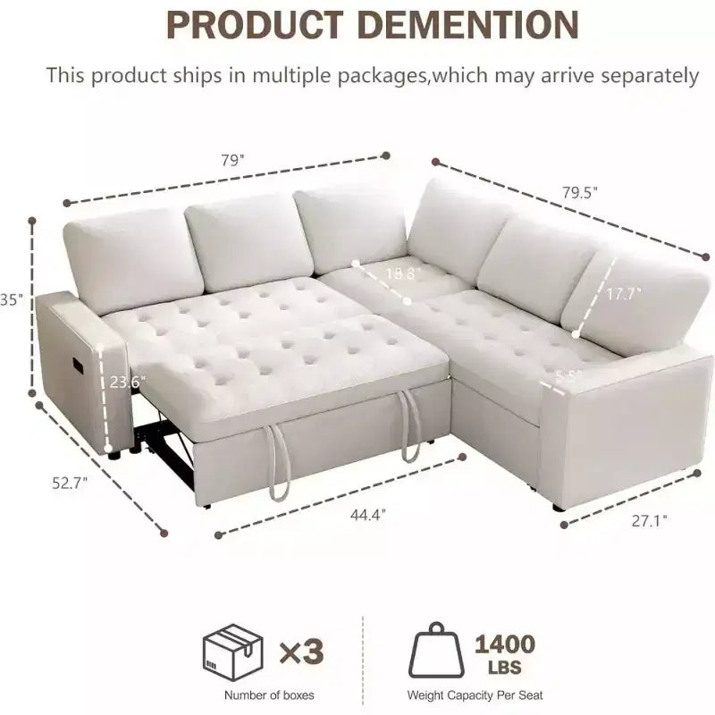 Canapé sectionnel convertible modulaire en L 5 places Dyonery en chenille avec port USB et méridienne de rangement