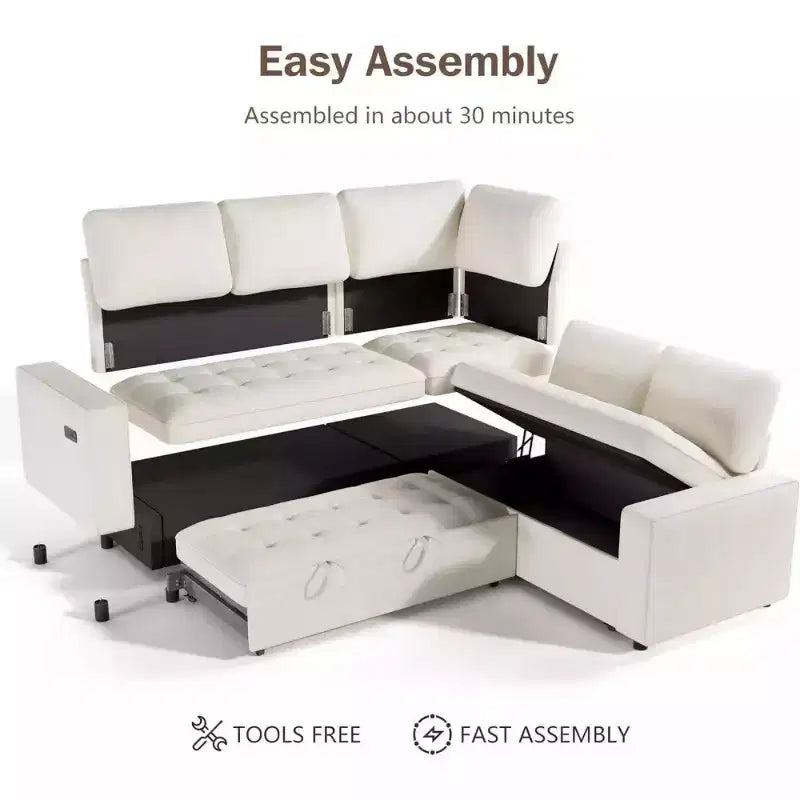 Canapé sectionnel convertible modulaire en L 5 places Dyonery en chenille avec port USB et méridienne de rangement