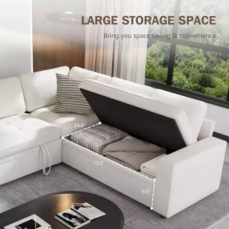 Canapé sectionnel convertible modulaire en L 5 places Dyonery en chenille avec port USB et méridienne de rangement