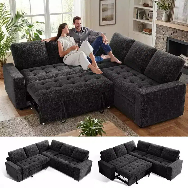 Canapé sectionnel convertible modulaire en L 5 places Dyonery en chenille avec port USB et méridienne de rangement