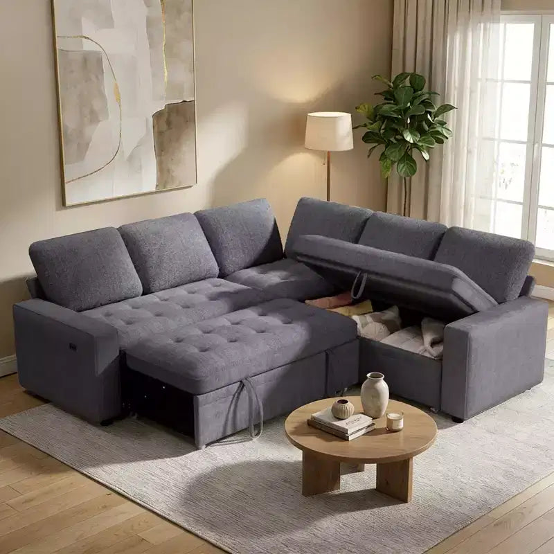 Canapé sectionnel convertible modulaire en L 5 places Dyonery en chenille avec port USB et méridienne de rangement