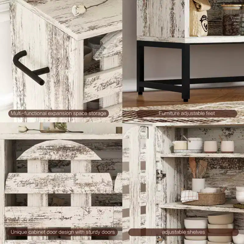 Buffet de rangement, porte tissée, portes cintrées, étagères réglables, pieds en métal, tiroir, pour cuisine/salon/salle à manger/entrée