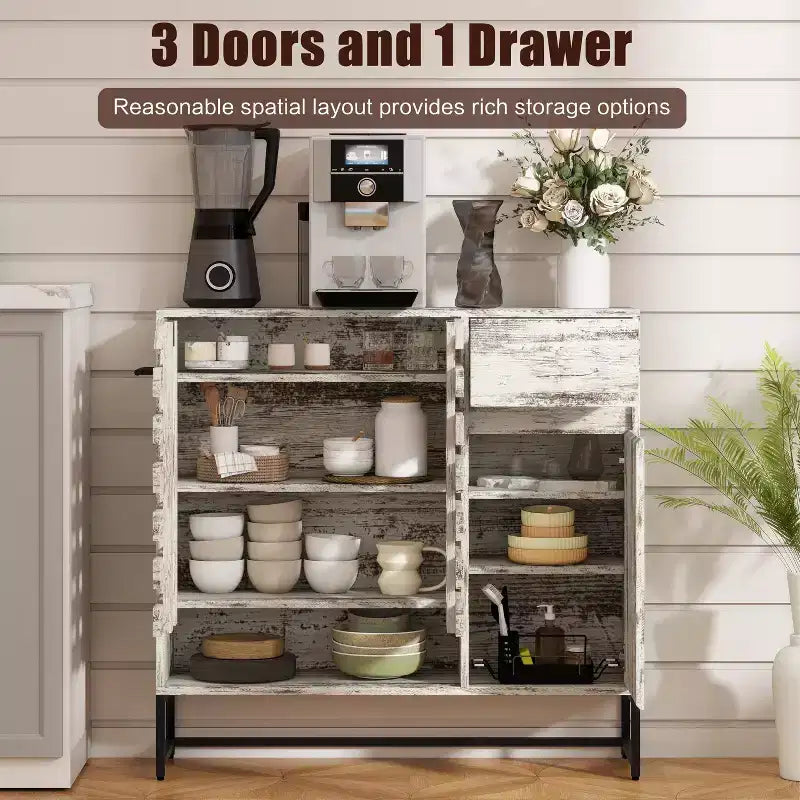 Buffet de rangement, porte tissée, portes cintrées, étagères réglables, pieds en métal, tiroir, pour cuisine/salon/salle à manger/entrée
