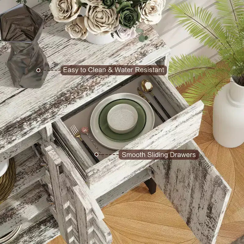 Buffet de rangement, porte tissée, portes cintrées, étagères réglables, pieds en métal, tiroir, pour cuisine/salon/salle à manger/entrée