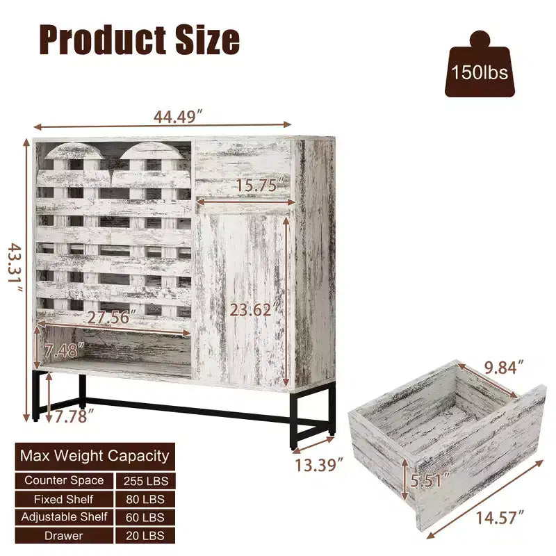 Buffet de rangement, porte tissée, portes cintrées, étagères réglables, pieds en métal, tiroir, pour cuisine/salon/salle à manger/entrée