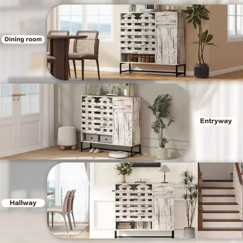 Buffet de rangement, porte tissée, portes cintrées, étagères réglables, pieds en métal, tiroir, pour cuisine/salon/salle à manger/entrée