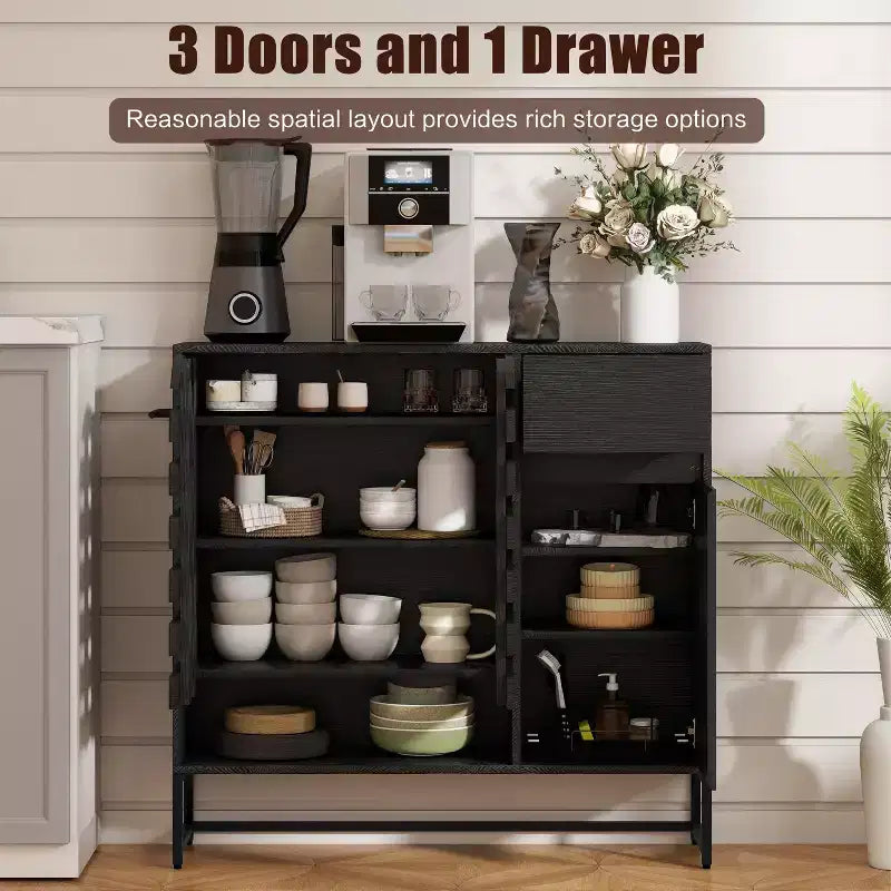 Buffet de rangement, porte tissée, portes cintrées, étagères réglables, pieds en métal, tiroir, pour cuisine/salon/salle à manger/entrée