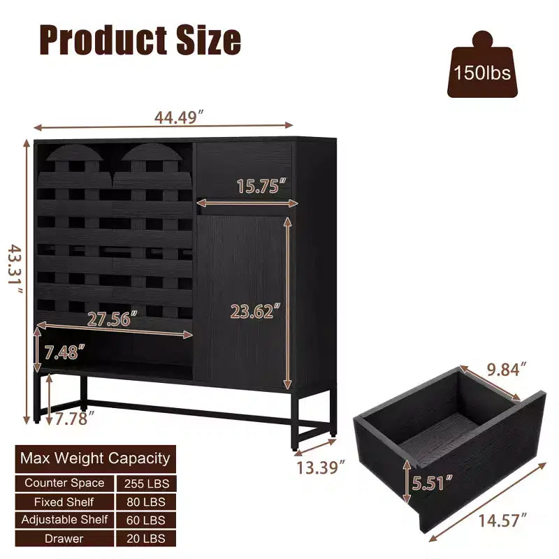 Buffet de rangement, porte tissée, portes cintrées, étagères réglables, pieds en métal, tiroir, pour cuisine/salon/salle à manger/entrée