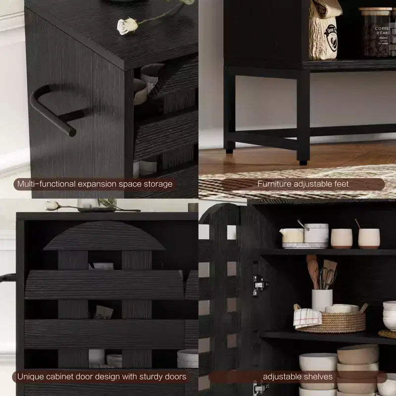 Buffet de rangement, porte tissée, portes cintrées, étagères réglables, pieds en métal, tiroir, pour cuisine/salon/salle à manger/entrée