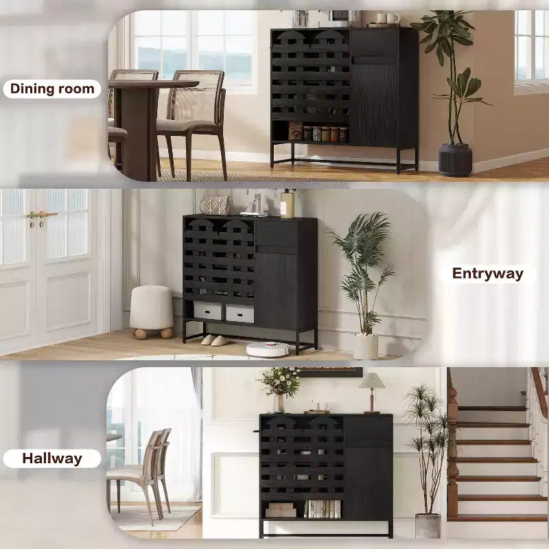 Buffet de rangement, porte tissée, portes cintrées, étagères réglables, pieds en métal, tiroir, pour cuisine/salon/salle à manger/entrée