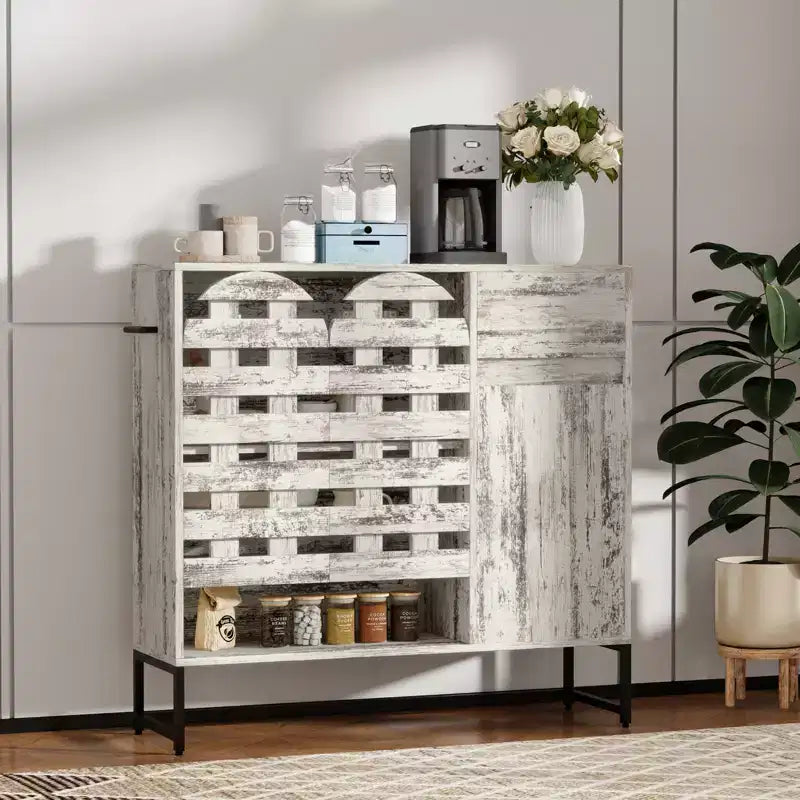 Buffet de rangement, porte tissée, portes cintrées, étagères réglables, pieds en métal, tiroir, pour cuisine/salon/salle à manger/entrée