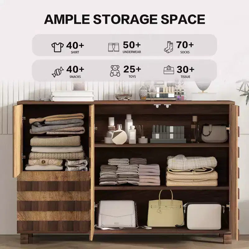 55 Mobile Credenza Buffet, Intagliato a Mano, 2 Cassetti e 3 Ante, Ripiani Regolabili, Contenitore da Cucina Multifunzionale e Consolle per Caffè