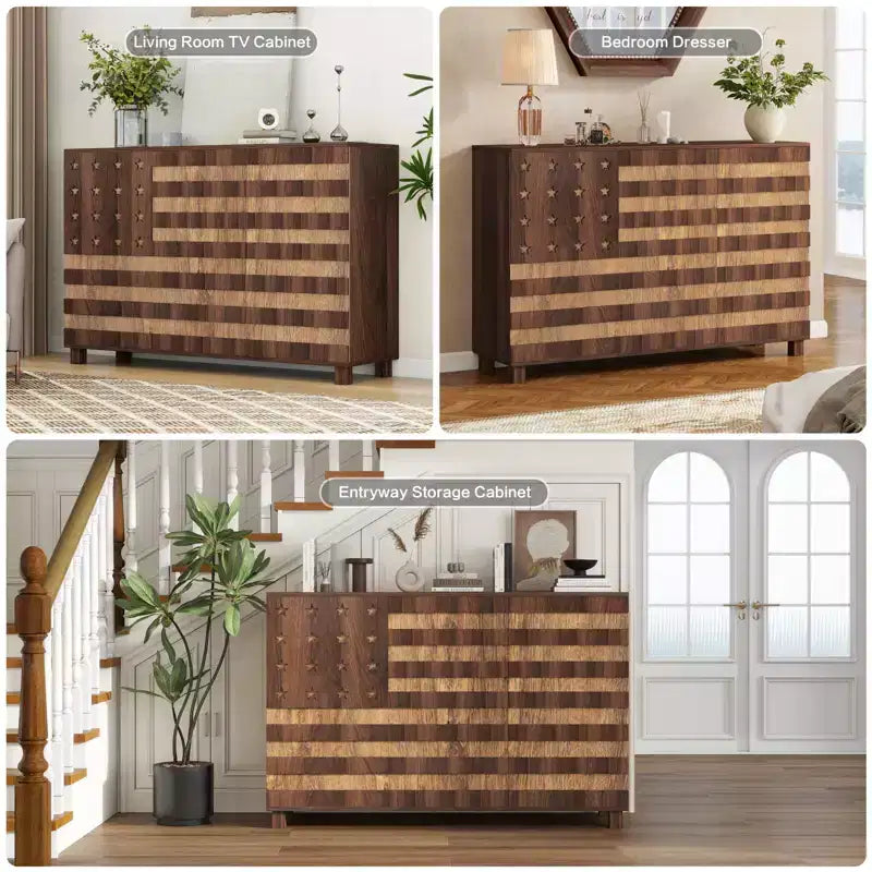 55 Mobile Credenza Buffet, Intagliato a Mano, 2 Cassetti e 3 Ante, Ripiani Regolabili, Contenitore da Cucina Multifunzionale e Consolle per Caffè