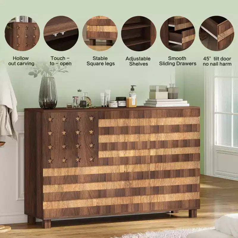 55 Mobile Credenza Buffet, Intagliato a Mano, 2 Cassetti e 3 Ante, Ripiani Regolabili, Contenitore da Cucina Multifunzionale e Consolle per Caffè