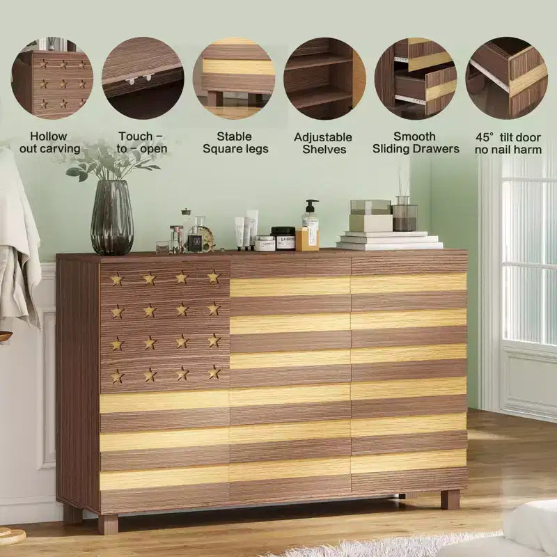 55 Mobile Credenza Buffet, Intagliato a Mano, 2 Cassetti e 3 Ante, Ripiani Regolabili, Contenitore da Cucina Multifunzionale e Consolle per Caffè