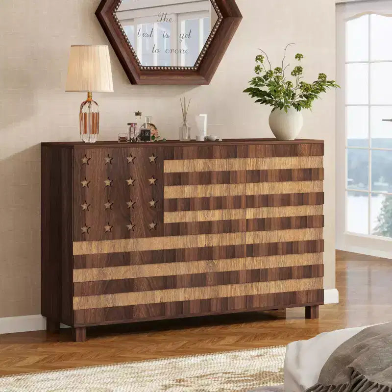 55 Mobile Credenza Buffet, Intagliato a Mano, 2 Cassetti e 3 Ante, Ripiani Regolabili, Contenitore da Cucina Multifunzionale e Consolle per Caffè