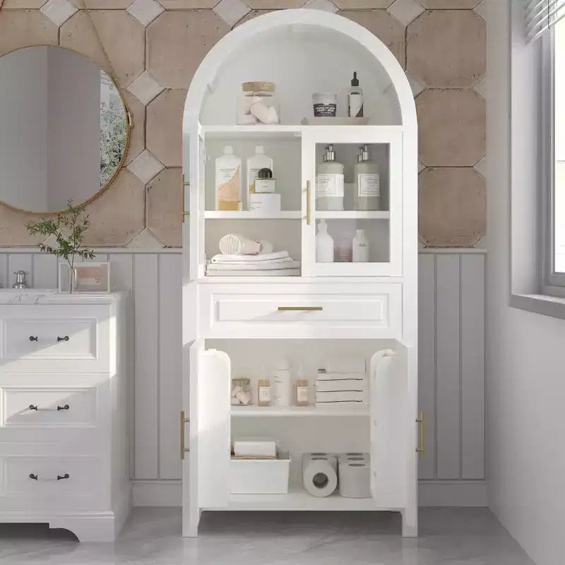 Mobile dispensa ad arco da 71 pollici con anta in vetro, stile rustico, ripiani regolabili, design a porta scorrevole, per cucina, soggiorno, sala da pranzo