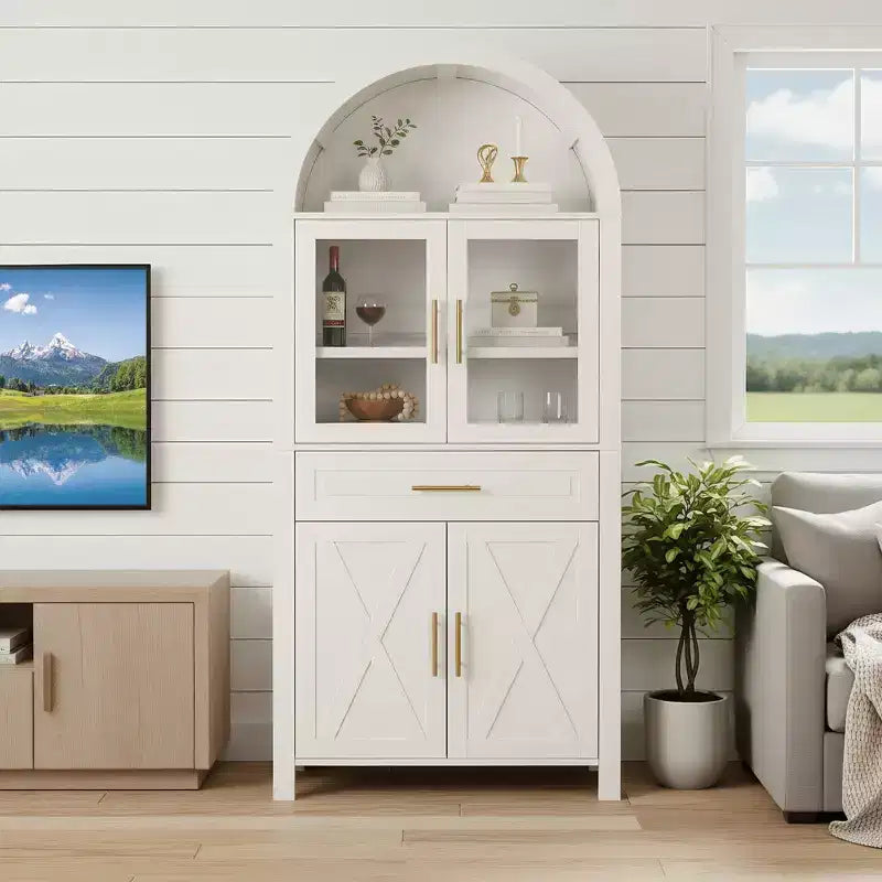 Mobile dispensa ad arco da 71 pollici con anta in vetro, stile rustico, ripiani regolabili, design a porta scorrevole, per cucina, soggiorno, sala da pranzo