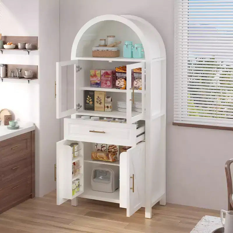 Mobile dispensa ad arco da 71 pollici con anta in vetro, stile rustico, ripiani regolabili, design a porta scorrevole, per cucina, soggiorno, sala da pranzo