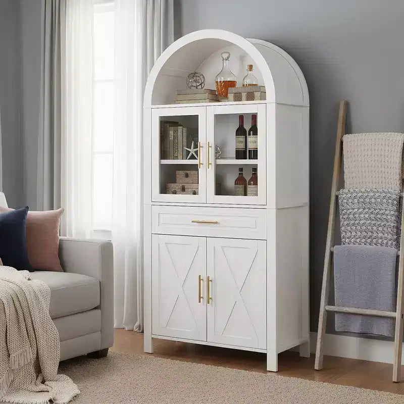 Mobile dispensa ad arco da 71 pollici con anta in vetro, stile rustico, ripiani regolabili, design a porta scorrevole, per cucina, soggiorno, sala da pranzo