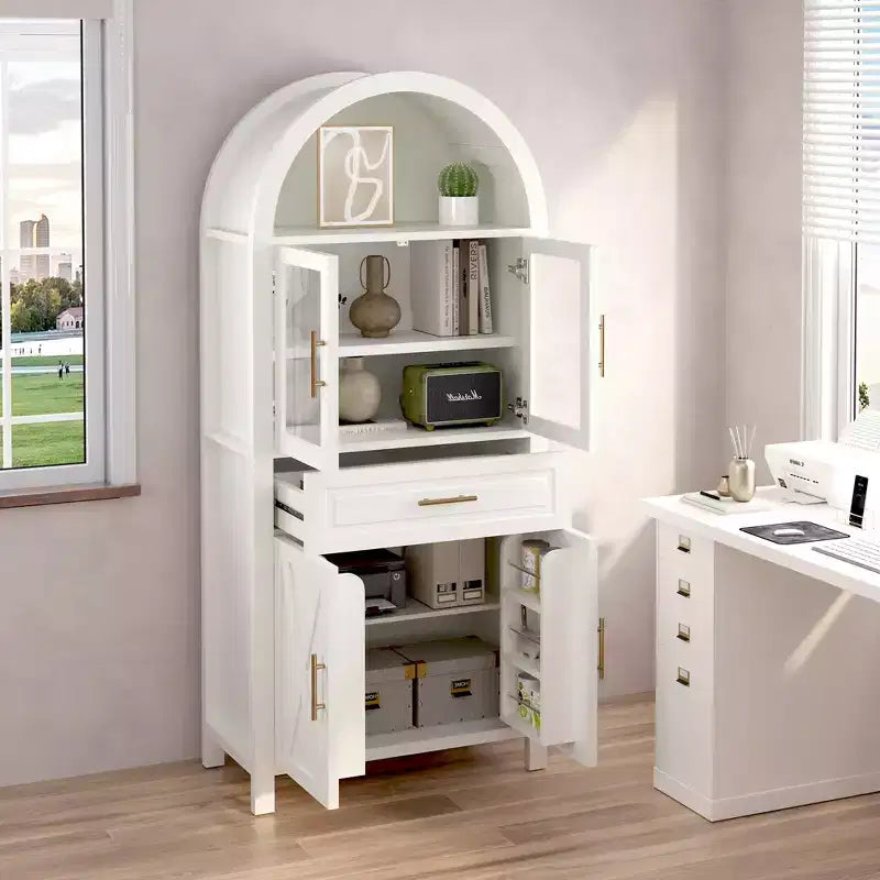Mobile dispensa ad arco da 71 pollici con anta in vetro, stile rustico, ripiani regolabili, design a porta scorrevole, per cucina, soggiorno, sala da pranzo