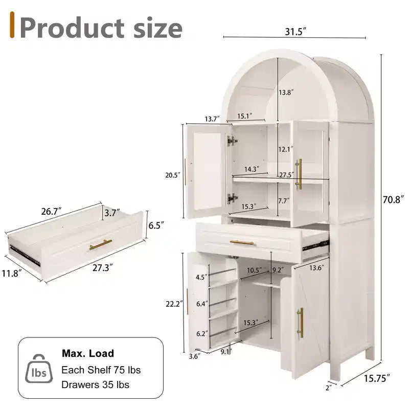 Mobile dispensa ad arco da 71 pollici con anta in vetro, stile rustico, ripiani regolabili, design a porta scorrevole, per cucina, soggiorno, sala da pranzo
