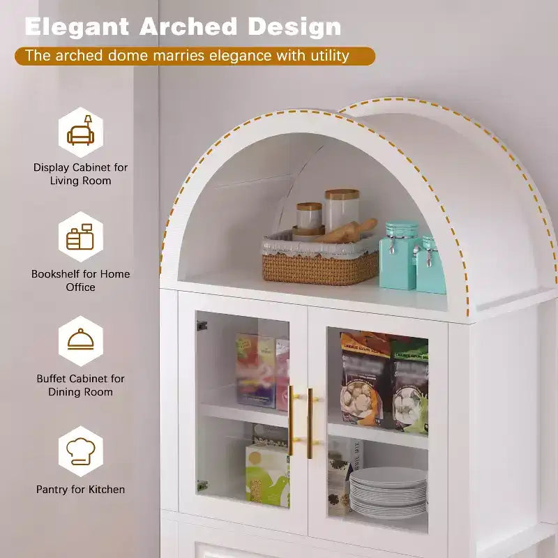 Mobile dispensa ad arco da 71 pollici con anta in vetro, stile rustico, ripiani regolabili, design a porta scorrevole, per cucina, soggiorno, sala da pranzo