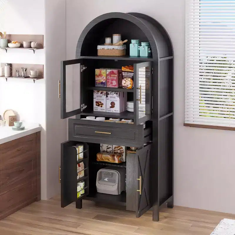 Mobile dispensa ad arco da 71 pollici con anta in vetro, stile rustico, ripiani regolabili, design a porta scorrevole, per cucina, soggiorno, sala da pranzo