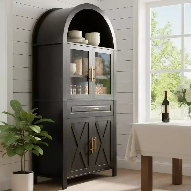 Mobile dispensa ad arco da 71 pollici con anta in vetro, stile rustico, ripiani regolabili, design a porta scorrevole, per cucina, soggiorno, sala da pranzo