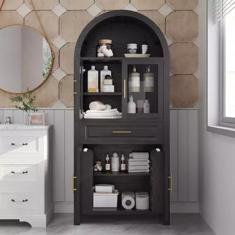 Mobile dispensa ad arco da 71 pollici con anta in vetro, stile rustico, ripiani regolabili, design a porta scorrevole, per cucina, soggiorno, sala da pranzo