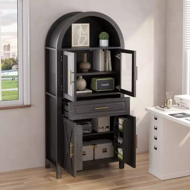 Mobile dispensa ad arco da 71 pollici con anta in vetro, stile rustico, ripiani regolabili, design a porta scorrevole, per cucina, soggiorno, sala da pranzo