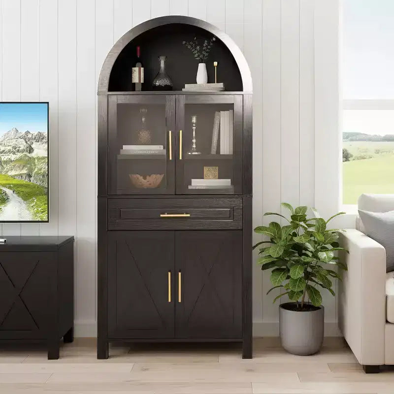 Mobile dispensa ad arco da 71 pollici con anta in vetro, stile rustico, ripiani regolabili, design a porta scorrevole, per cucina, soggiorno, sala da pranzo