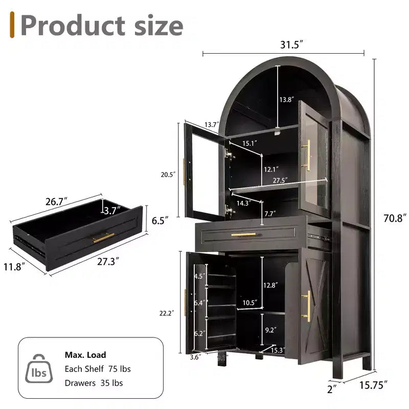 Mobile dispensa ad arco da 71 pollici con anta in vetro, stile rustico, ripiani regolabili, design a porta scorrevole, per cucina, soggiorno, sala da pranzo
