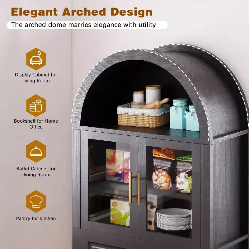 Mobile dispensa ad arco da 71 pollici con anta in vetro, stile rustico, ripiani regolabili, design a porta scorrevole, per cucina, soggiorno, sala da pranzo