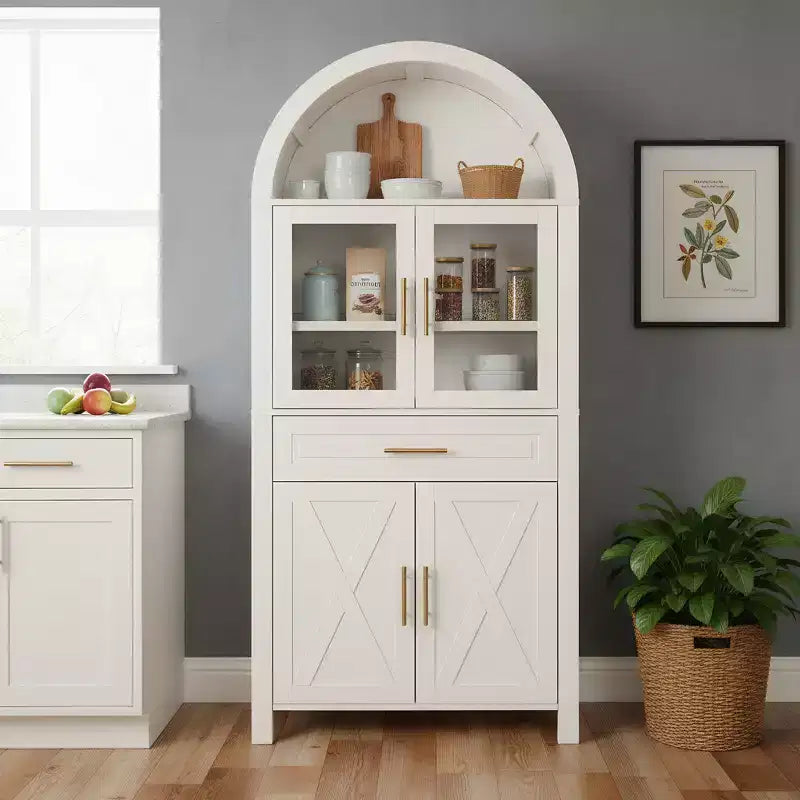 Mobile dispensa ad arco da 71 pollici con anta in vetro, stile rustico, ripiani regolabili, design a porta scorrevole, per cucina, soggiorno, sala da pranzo