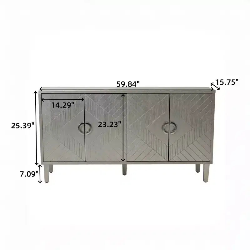 Credenza con 4 Ante Linee Intagliate, Gambe in Pino, Maniglie Semicircolari in Lega di Zinco, Consolle Buffet per Soggiorno